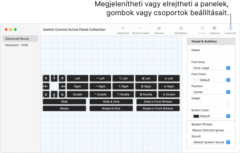 A Panelgyűjtemény ablak a Vizsgáló gombbal az eszköztár jobb szélén, amellyel megadhatók a panelek, gombok és csoportok beállításai.