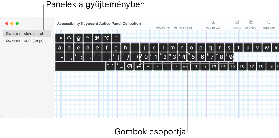 Egy panelablak, amelynek bal oldalán billentyűzetpanelek láthatók, a jobb oldalán pedig gombok és gombcsoportok, egy panelen.