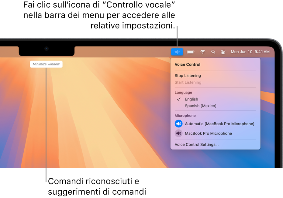 L’ultimo comando riconosciuto da Controllo vocale viene mostrato nella parte superiore della scrivania. A destra, l’icona di “Controllo vocale” è mostrata nella barra dei menu e il meno di “Controllo vocale” è aperto.