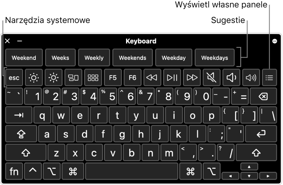 Klawiatura dostępności z sugestiami wyświetlanymi na górze. Niżej widoczny jest wiersz przycisków narzędzi systemowych, pozwalających na wykonywanie takich czynności, jak regulowanie jasności oraz wyświetlanie własnych paneli.