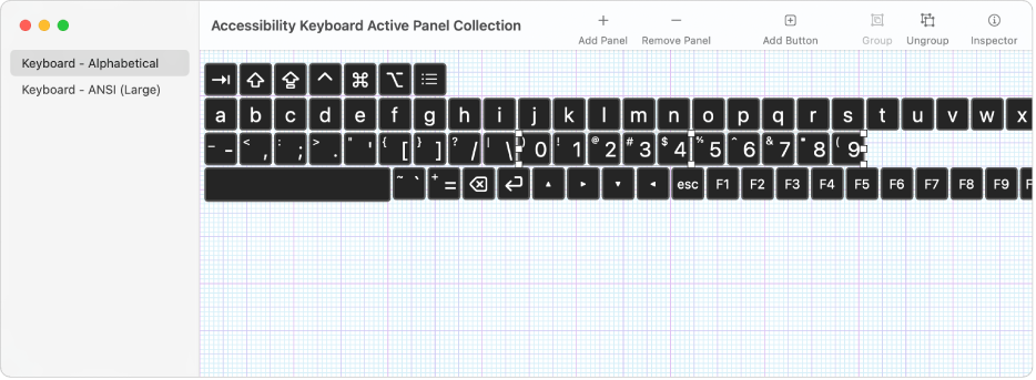 O fereastră de colecție de panouri active afișând, în stânga, o listă de panouri de tastatură și, în dreapta, butoane și grupuri conținute într-un panou.