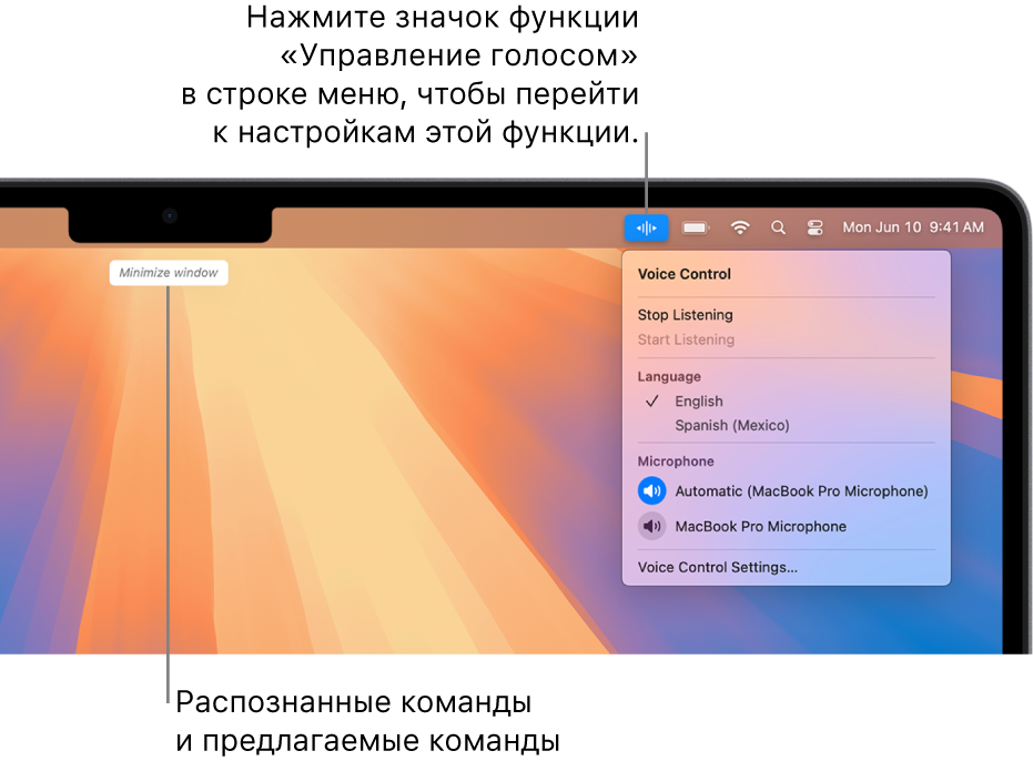 Последняя команда, распознанная Управлением голосом, отображается в верхней части рабочего стола. Справа в строке меню показан значок Управления голосом, и открыто меню функции «Управление голосом».