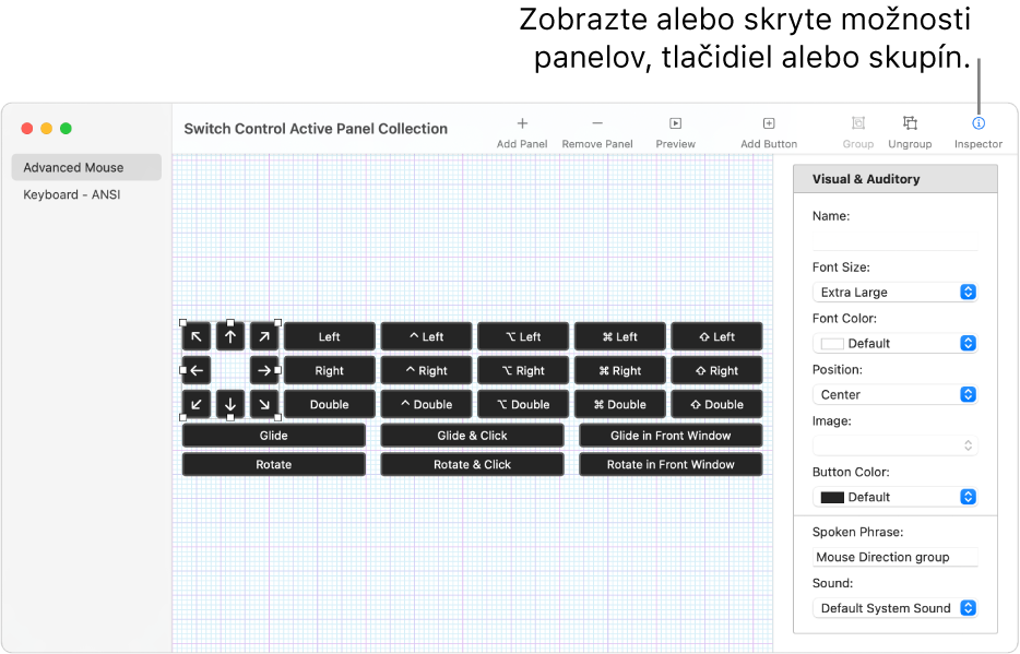 Okno Zbierka panelov zobrazujúce tlačidlo Inšpektor napravo od panela s nástrojmi na nastavovanie možností pre panely, tlačidlá a skupiny.