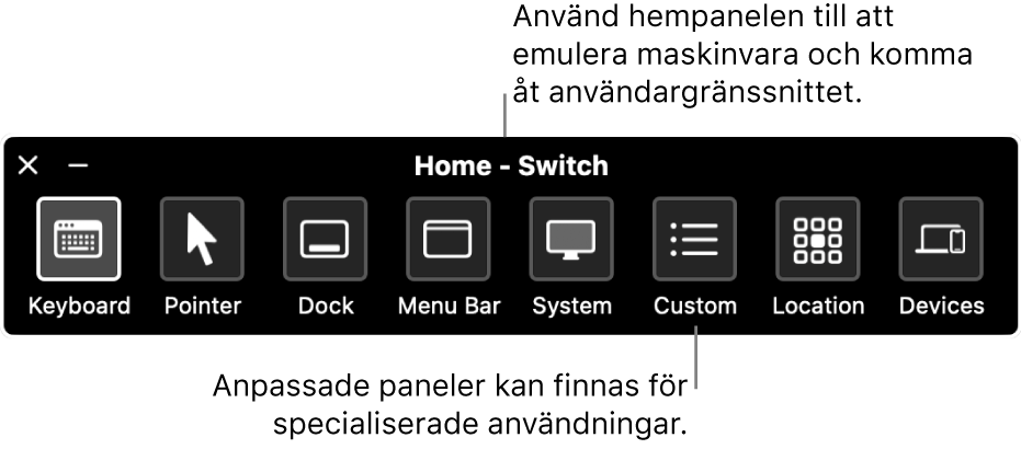 På hempanelen för Reglagestyrning finns, från vänster till höger, knappar för att styra tangentbordet, pekaren, Dock, menyraden, systemreglage, anpassade paneler, skärmplacering och andra enheter.