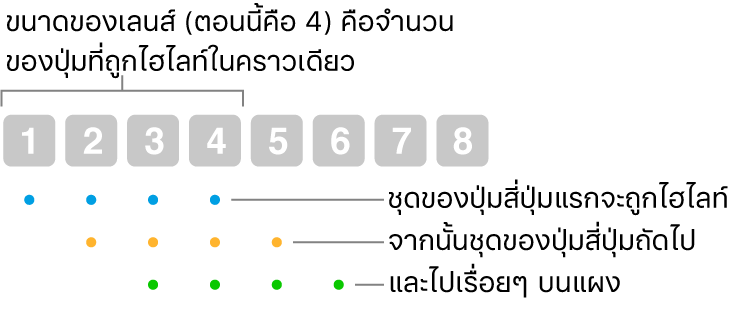 ภาพประกอบของวิธีการทำงานของลื่นและขั้น: ชุดปุ่มสี่ปุ่ม (ขนาดเลนส์) จะได้รับการไฮไลท์ จากนั้นจึงเป็นชุดปุ่มสี่ปุ่มถัดไป และเป็นเช่นนี้เรื่อยไปตามลำดับการซ้อนทับ