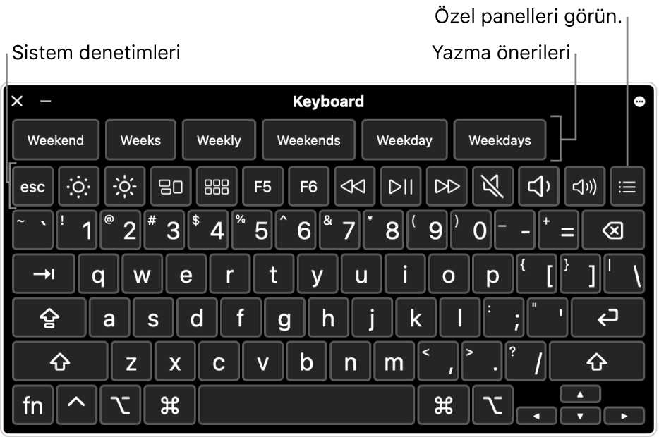 Üst kısımda yazma önerilerinin olduğu Erişilebilirlik Klavyesi. Ekran parlaklığını ayarlama ve özel panelleri gösterme gibi işlemleri yapmak için kullanılan sistem denetimlerine ait düğme sırası alt tarafta.