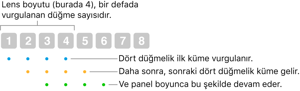Kaydır ve Adımla’nın nasıl çalıştığına ilişkin görsel: dört düğmeden oluşan bir küme (lens büyüklüğü) vurgulanır, sonra bir sonraki dört düğmelik küme vurgulanır ve bu üst üste binmiş bir sırada sürekli olarak devam eder.