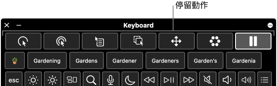 停留動作按鈕位於「輔助使用鍵盤」最上方。