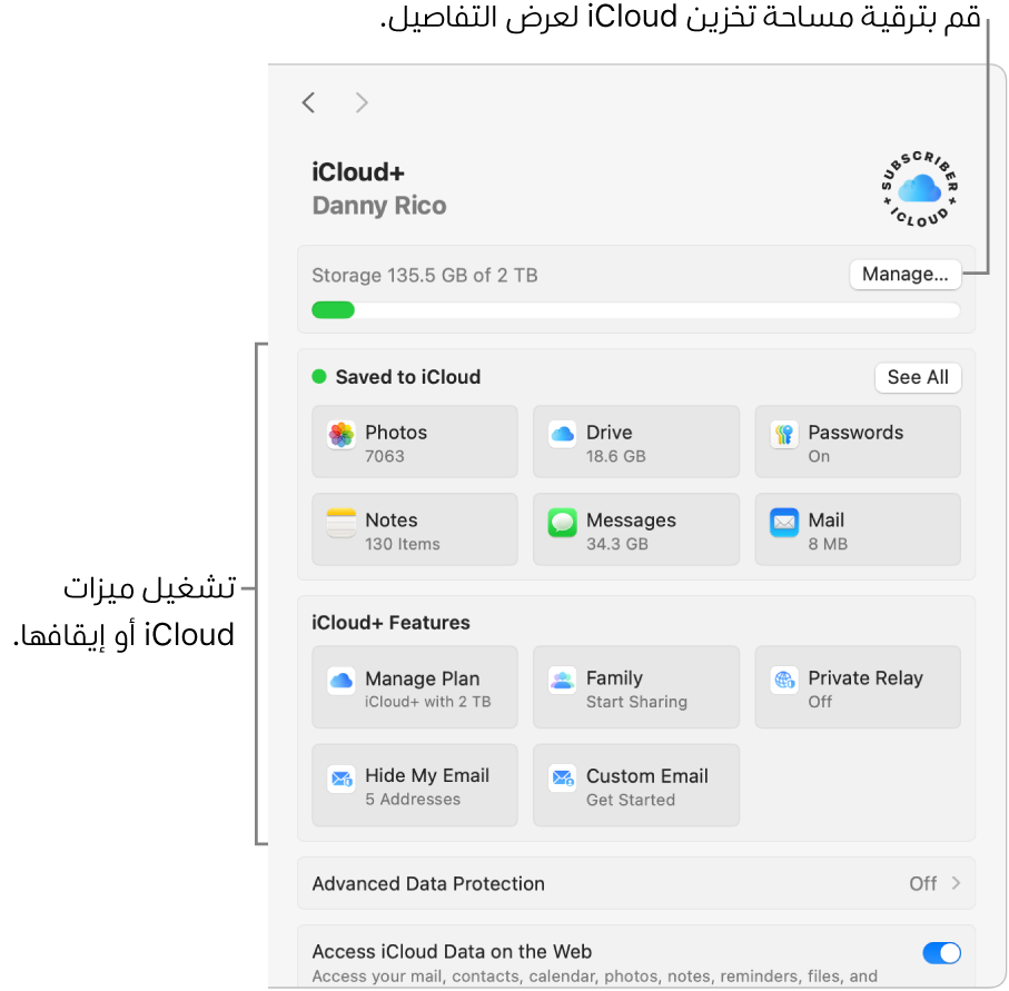 إعدادات iCloud مع جميع الميزات مشغَّلة.