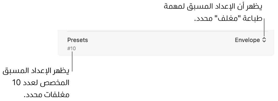 قسم الإعدادات المسبقة في مربع حوار الطباعة يعرض إعدادًا مسبقًا لمهمة الطباعة تم اختياره لأحد المغلفات وإعدادًا مسبقًا مخصصًا تم اختياره لمغلف ‎#10.