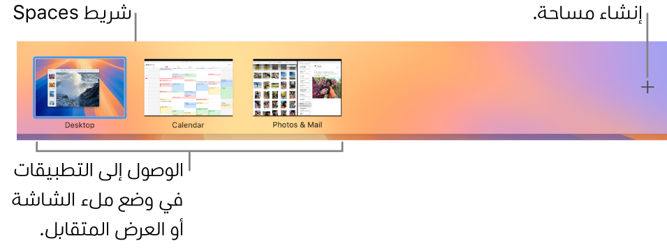شريط المساحات يعرض مساحة سطح مكتب، تطبيقات في وضع ملء الشاشة والعرض المتقابل، والزر إضافة من أجل إنشاء مساحة.