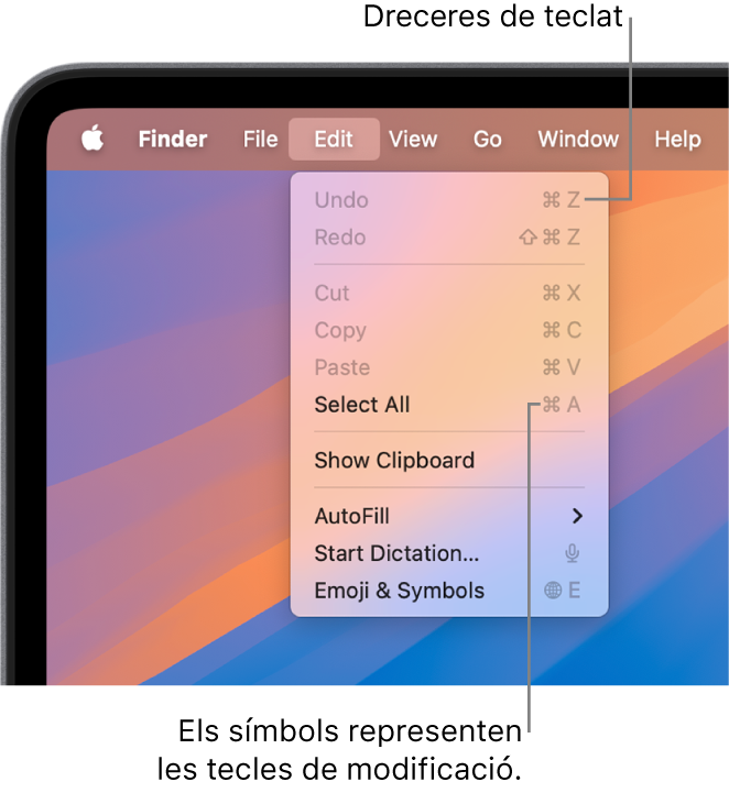 El menú d'edició obert al Finder; les dreceres de teclat apareixen al costat dels ítems del menú.