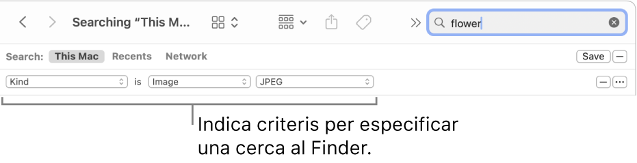 Una finestra del Finder amb camps per especificar criteris de cerca.