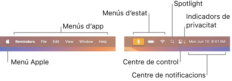 La barra de menús. A l’esquerra hi ha el menú Apple i els menús de les apps. A la dreta hi ha els menús d’estat, l’Spotlight, el centre de control, indicadors de la privacitat i el centre de notificacions.