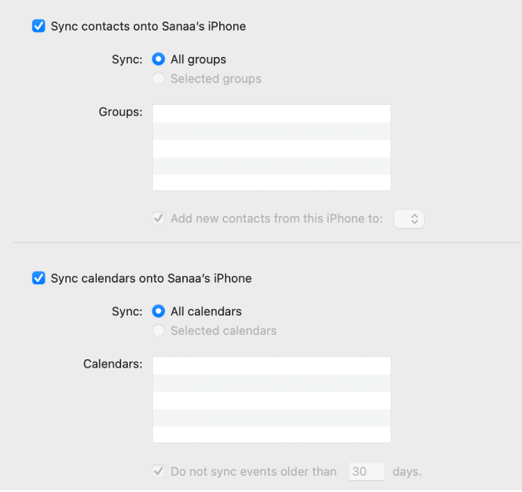 Les opcions de sincronització d’Informació amb les caselles “Sincronitza els contactes amb [dispositiu]” i “Sincronitza els calendaris amb [dispositiu]” marcades i les opcions per seleccionar els grups de contactes i una selecció de calendaris.