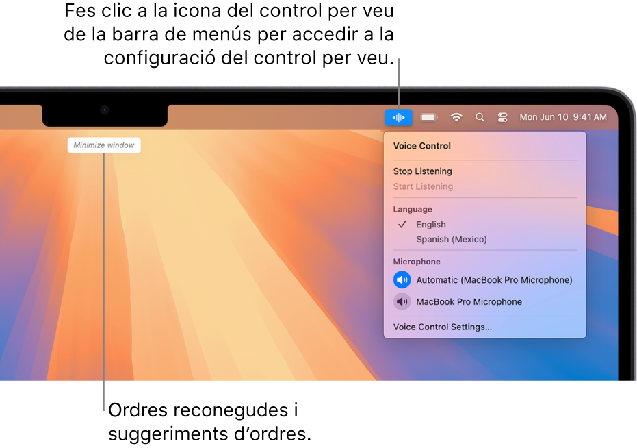 L’última ordre reconeguda pel control de veu es mostra a la part superior de l’escriptori. A la dreta, es mostra la icona del control per veu a la barra de menús i s’obre el menú del control per veu.