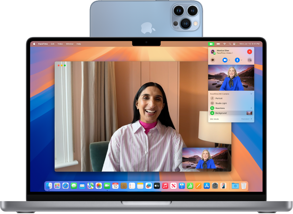 MacBook Pro používající iPhone jako webovou kameru a zobrazující hovor FaceTime