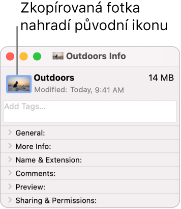 Okno Informace pro složku, v němž je obecná ikona nahrazena obrázkem