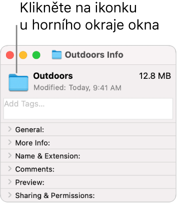 Okno Informace pro složku, v němž je zobrazena obecná ikona pro vybranou složku