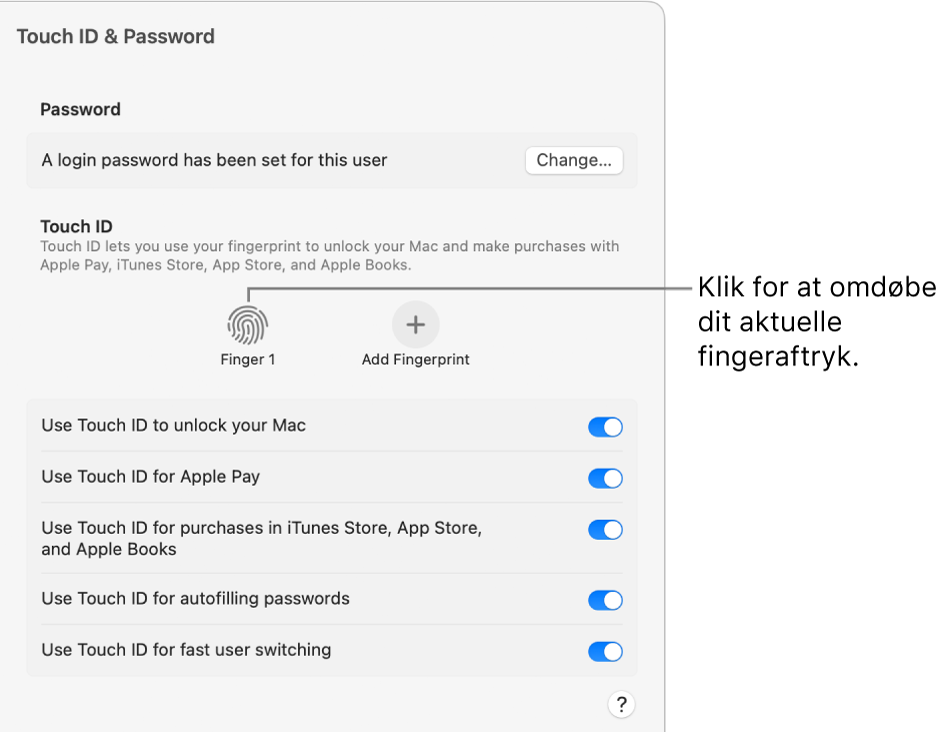 Indstillingerne til Touch ID & adgangskode, der viser et fingeraftryk, der er klar og kan bruges til at låse Mac op.