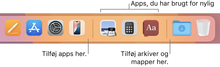 Den højre side af Dock, der viser skillelinjerne før og efter området med de senest brugte apps.