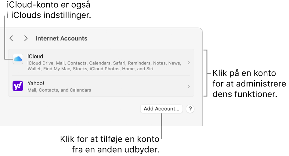 Indstillinger til Internetkonti med konti, der er indstillet på listen over Mac-computere.