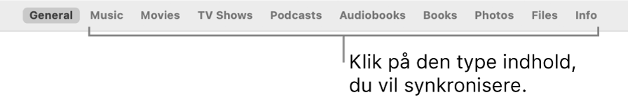 Rækken med muligheder øverst i vinduet, der viser de typer indhold, du kan synkronisere.