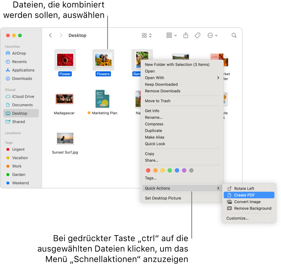 Ein Finder-Fenster enthält Dateien und Ordner, drei Dateien sind ausgewählt und „PDF erstellen“ ist im Menü „Schnellaktionen“ hervorgehoben.