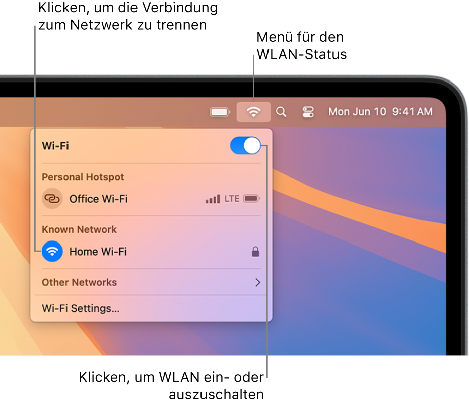 Das Statusmenü „WLAN“ mit der Taste „WLAN ein/aus“, einem persönlichen Hotspot und bekannten Netzwerken.