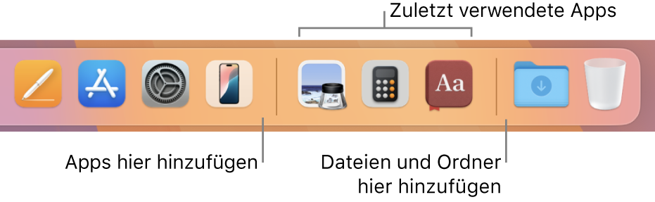 Ein Teil des Docks mit einer Trennlinie zwischen Apps, zuletzt verwendeten Apps sowie Dateien und Ordnern