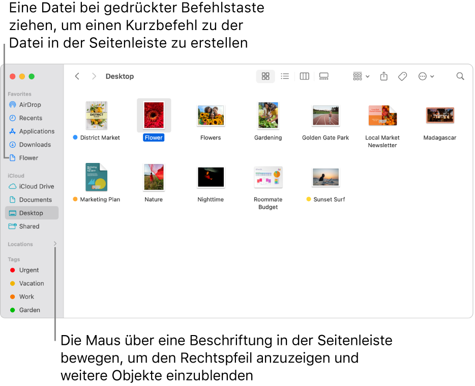 Rechts neben „Orte“ in der Finder-Seitenleiste befindet sich ein Pfeil. Durch Klicken darauf können weitere Objekte angezeigt werden. Rechts im Finder-Fenster ist eine Datei ausgewählt und ein Kurzbefehl zu dieser Datei befindet sich in der Seitenleiste unter „Favoriten“.