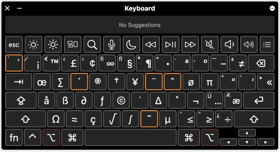 Die Tastaturübersicht mit dem ABC-Layout zeigt fünf hervorgehobenen Tottasten, die gedrückt werden können, um eine Akzentzeichen hinzuzufügen.