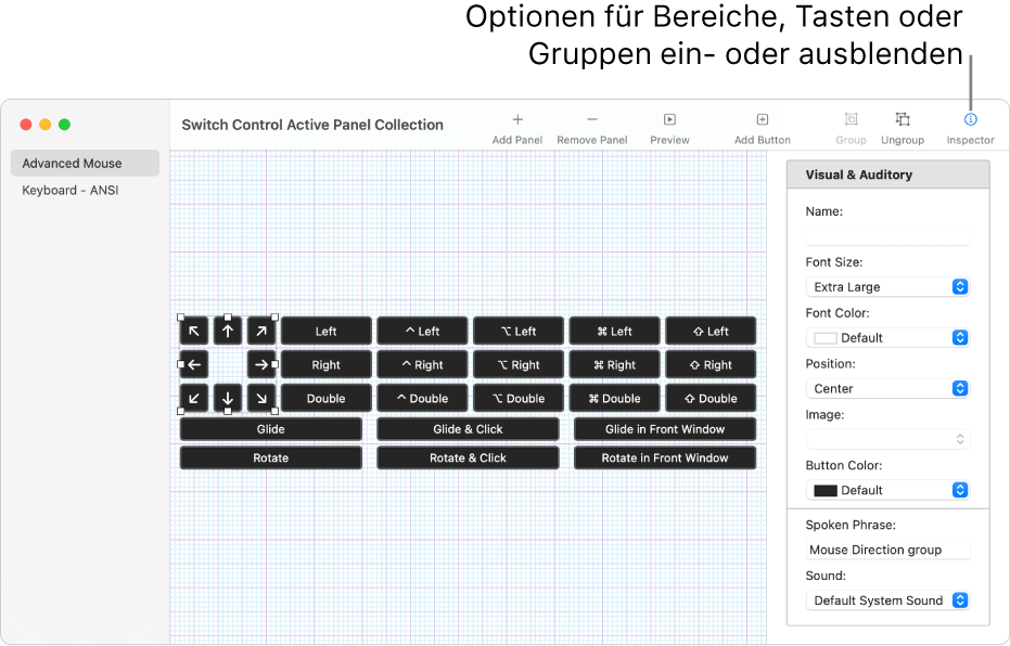 Fenster einer Panelsammlung mit der Taste „Informationen“ am rechten Ende der Symbolleiste zum Festlegen von Optionen für Panels, Tasten und Gruppen.