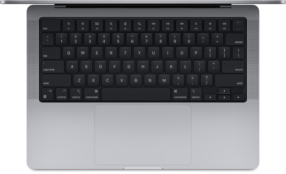 Ein MacBook Pro mit einer integrierten Tastatur, auf der die Sondertasten zum Verwenden von Tastaturkurzbefehlen angezeigt werden.