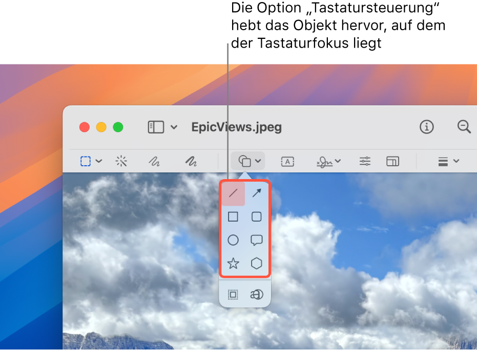 Das Fenster „Vorschau“ mit der eingeblendeter Werkzeugleiste. Das Werkzeug „Formen“ ist erweitert, um die Optionen anzuzeigen. Die Tastatursteuerung zeigt eine Kontur für das Werkzeug, das sich im Fokus befindet, und die Gruppe an, in die es gehört.