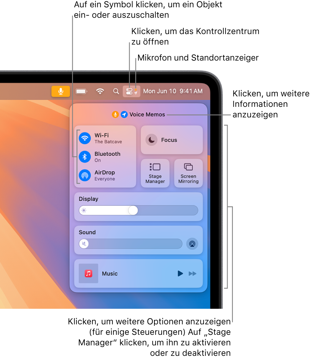 Das Kontrollzentrum befindet sich oben rechts auf dem Bildschirm und zeigt u. a. Steuerelemente für WLAN, Fokus, Nicht stören, Ton und Jetzt läuft.