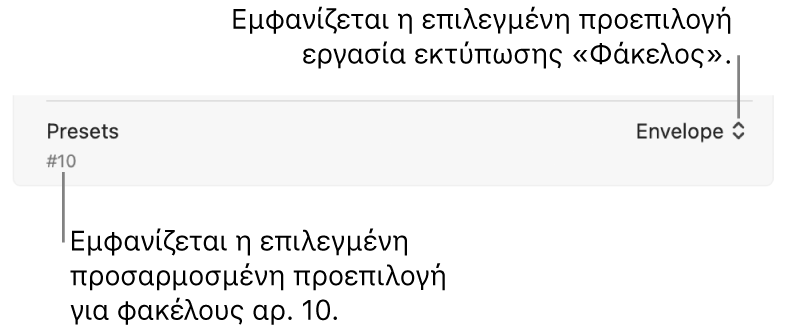 Η ενότητα «Προεπιλογές» του πλαισίου διαλόγου «Εκτύπωση» εμφανίζει μια επιλεγμένη προεπιλογή εργασίας εκτύπωσης για έναν φάκελο και μια επιλεγμένη προσαρμοσμένη επιλογή για έναν φάκελο #10.