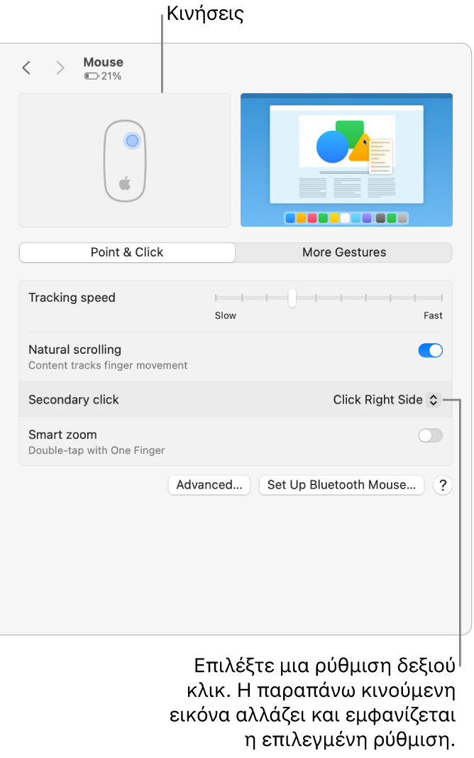 Οι επιλογές ποντικιού στις Ρυθμίσεις συστήματος που εμφανίζουν την επιλογή δευτερεύοντος κλικ να έχει οριστεί σε «Κλικ στη δεξιά πλευρά» και την αντίστοιχη κίνηση.
