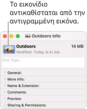 Το παράθυρο «Πληροφορίες» για έναν φάκελο, όπου εμφανίζεται το γενικό εικονίδιο να αντικαθίσταται από μια εικόνα.