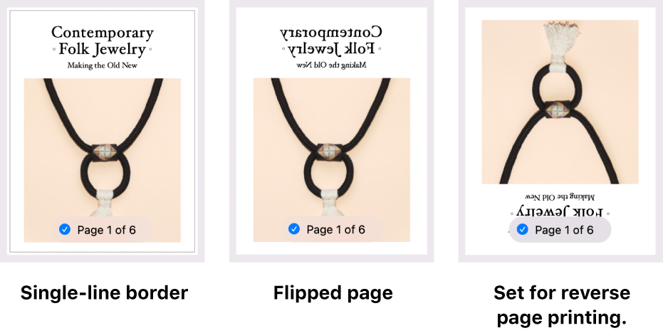 Examples of page previews, showing one with a single-line border, one with a flipped image and another with an image set for reverse page printing.