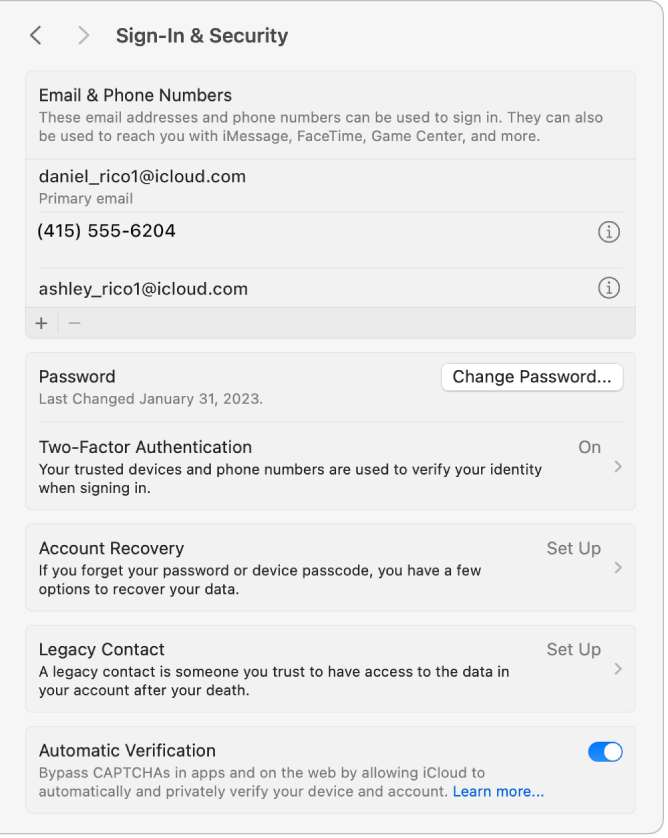 Apple Account settings showing the Sign-In & Security settings for an existing account.