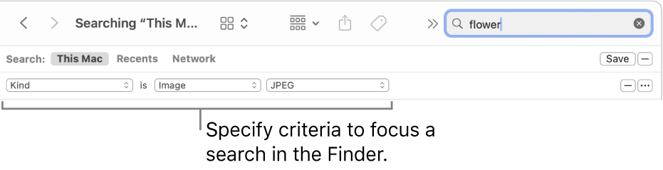 A Finder window with fields to specify search criteria.