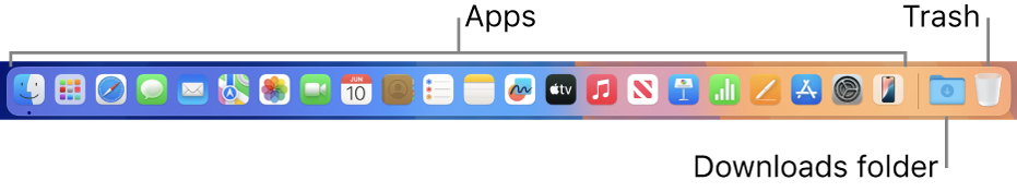 The Dock showing icons for apps, the Downloads stack, and the Bin.