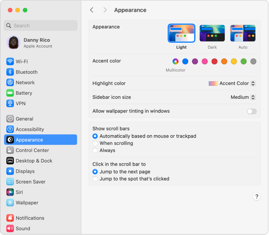 The Appearance System Setting window, showing options for selecting a light or dark appearance, accent and highlight colours, sidebar icon size and scroll bar behaviours.