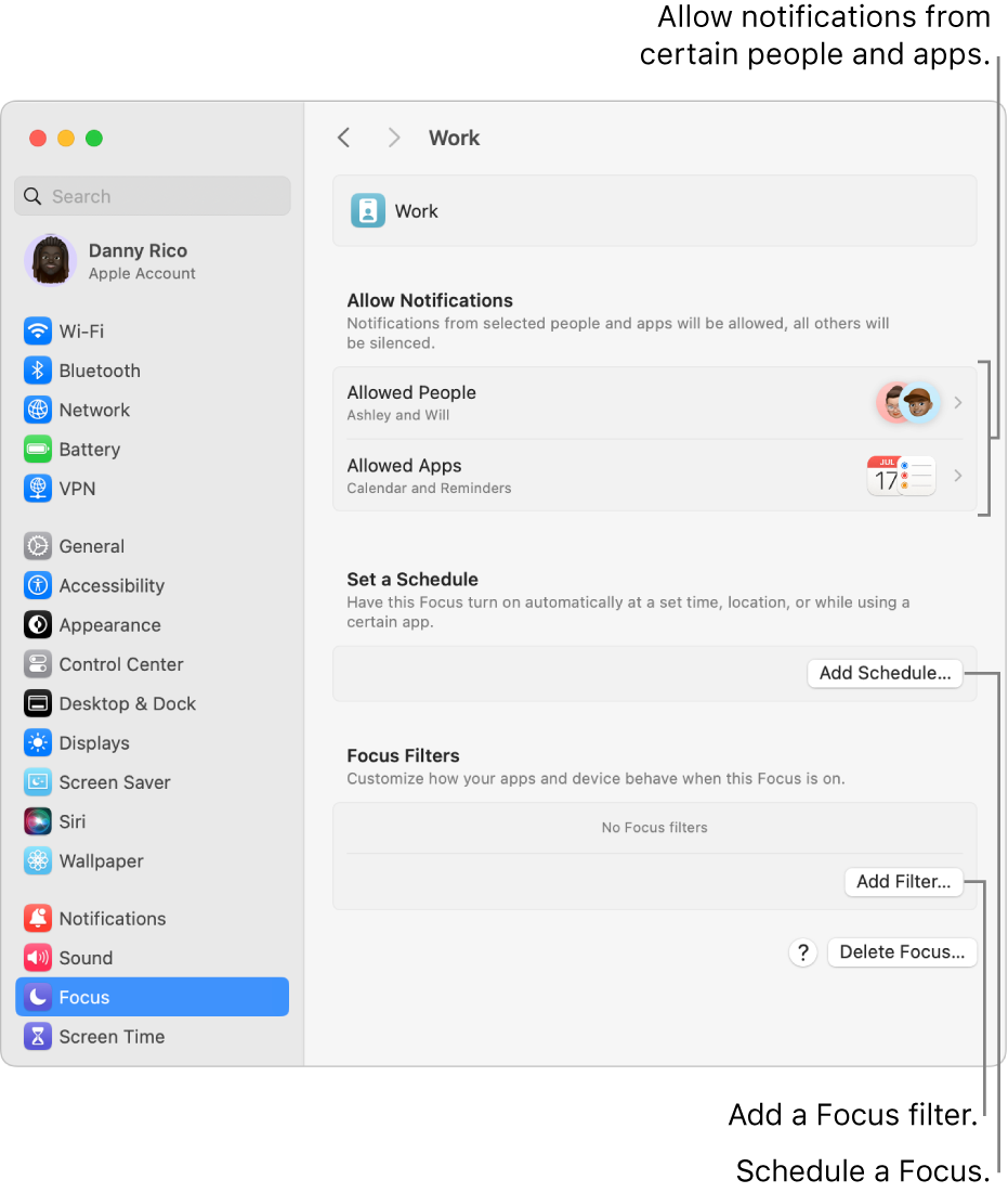 Focus settings showing settings for the Work Focus. At the top is the list of people and apps whose notifications are allowed when the Work Focus is active.