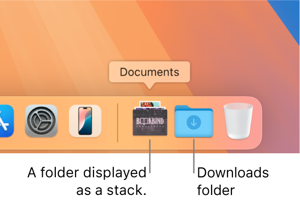 The right end of the Dock showing a folder that’s displayed as a stack and the Downloads folder displayed as a folder.