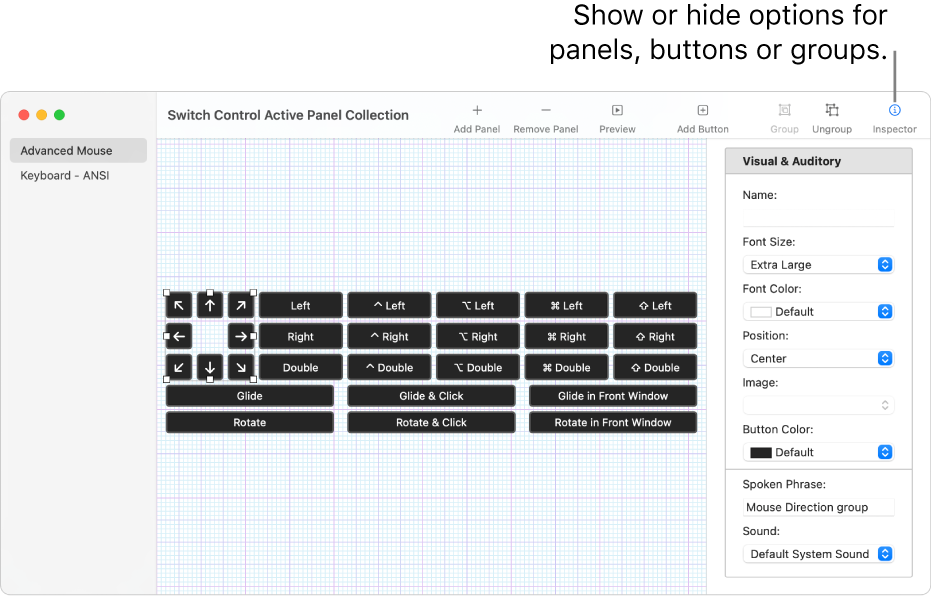 A Panel Collection window showing the Inspector button at the right end of the toolbar, for setting options for panels, buttons and groups.