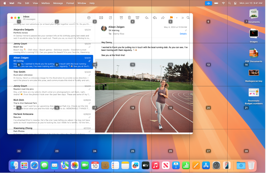 The Mail app open on the Mac desktop, with a grid superimposed. The grid divides the desktop into seven columns and four rows, and each cell is numbered 1 to 28. The Voice Control icon is located in the menu bar.