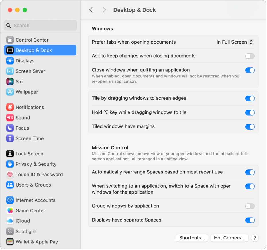 The Windows section of Desktop & Dock settings.