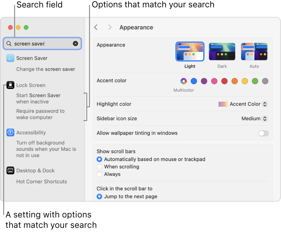 The System Settings window showing “screen saver” in the search field and a list of matching search results below the search field.